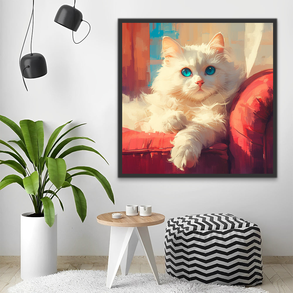 Chat Blanc aux Yeux Bleus Peinture par Numéros