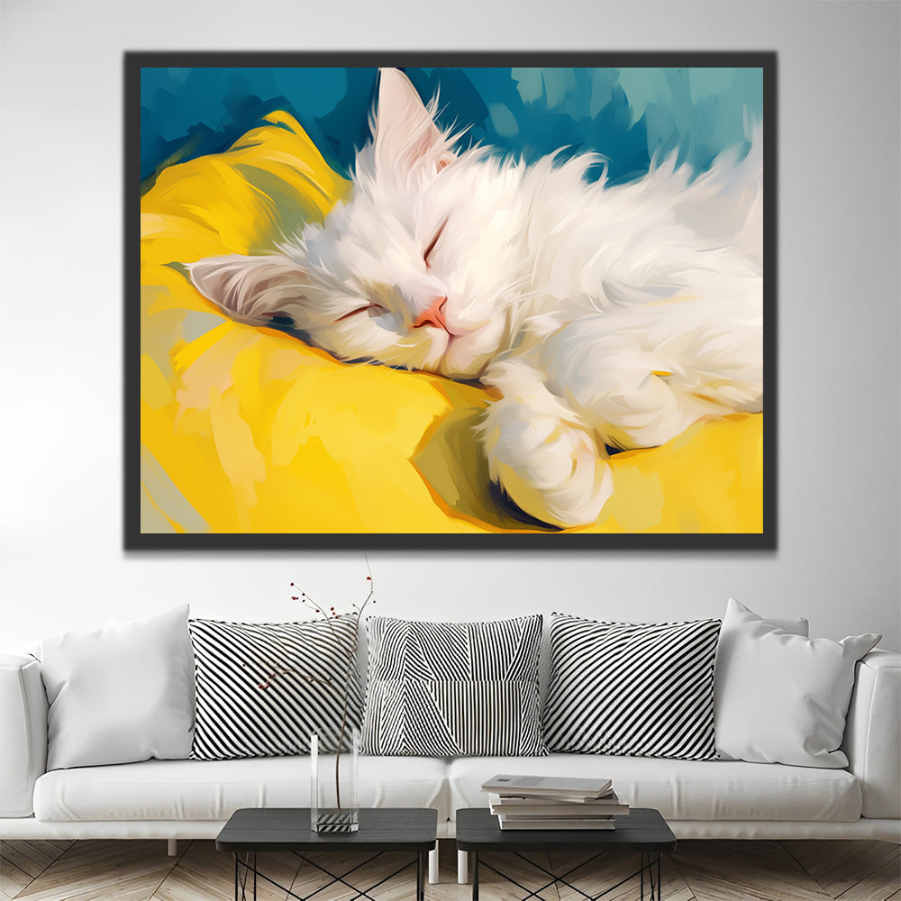 Chat Blanc Dormant sur un Coussin Jaune Peinture par Numéros