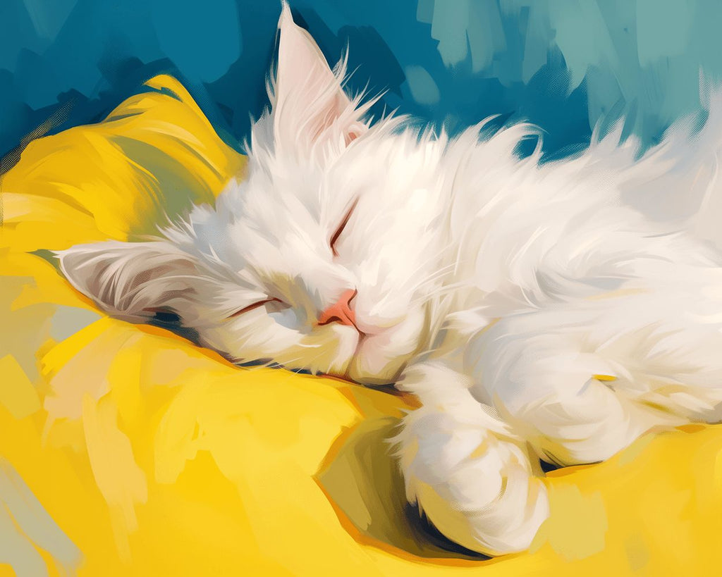 Chat Blanc Dormant sur un Coussin Jaune Peinture par Numéros