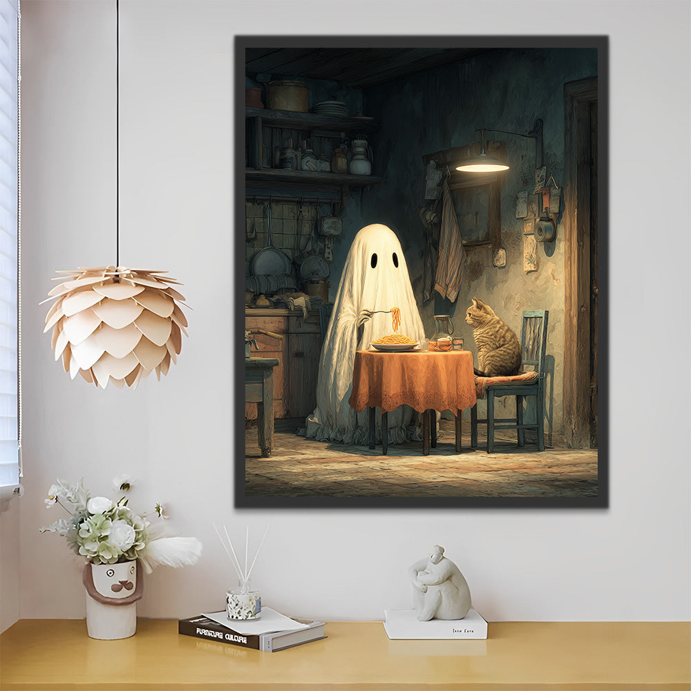 Chat et Fantôme Blanc Mangeant des Nouilles Peinture par Numéros