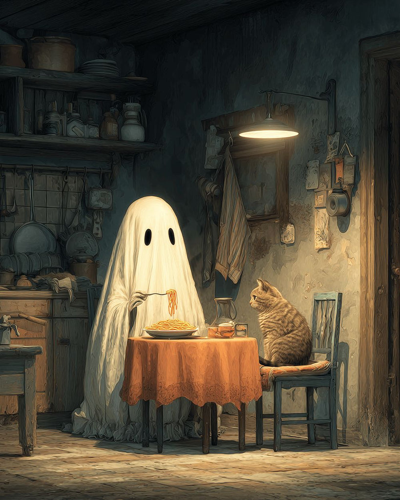 Chat et Fantôme Blanc Mangeant des Nouilles Peinture par Numéros