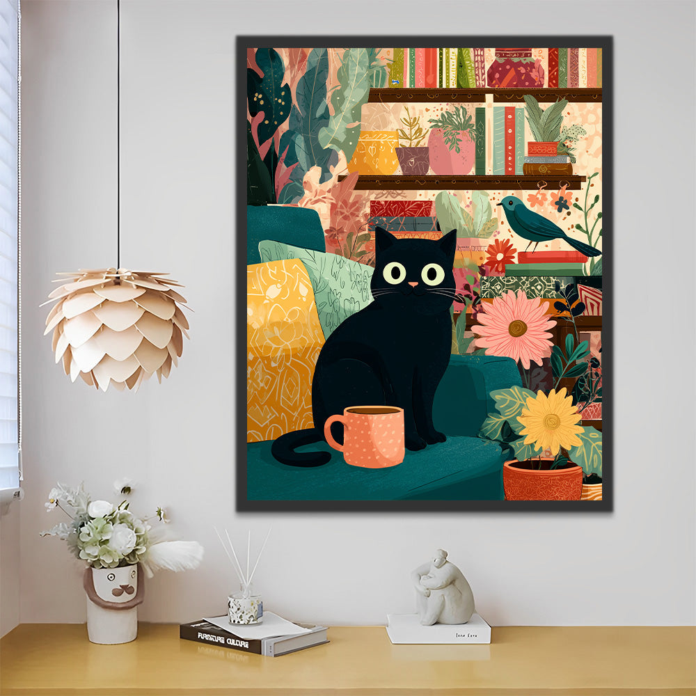 Chat Noir dans une Pièce Remplie de Plantes en Pot Peinture par Numéros