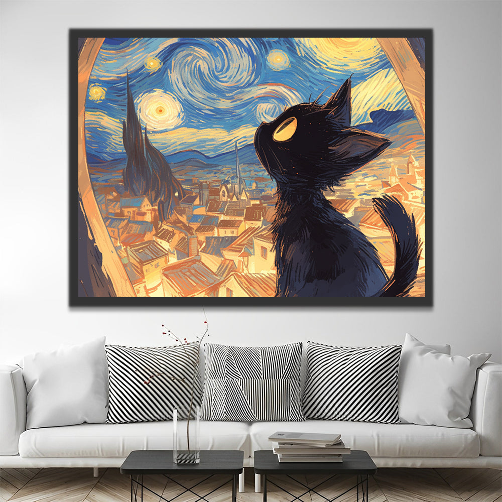 Chat Noir et Ciel Etoilé Peinture par Numéros