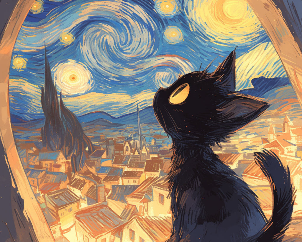 Chat Noir et Ciel Etoilé Peinture par Numéros