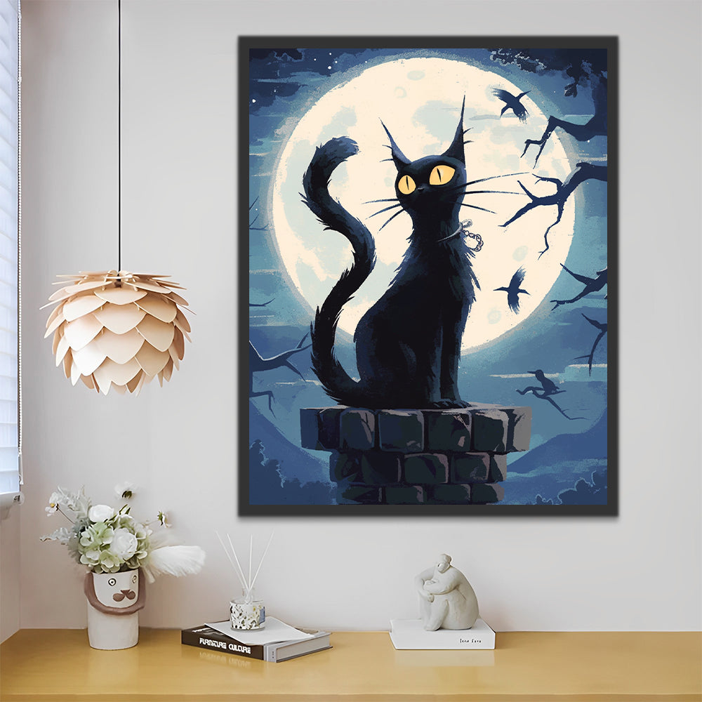 Chat noir et lune brillante Peinture par Numéros