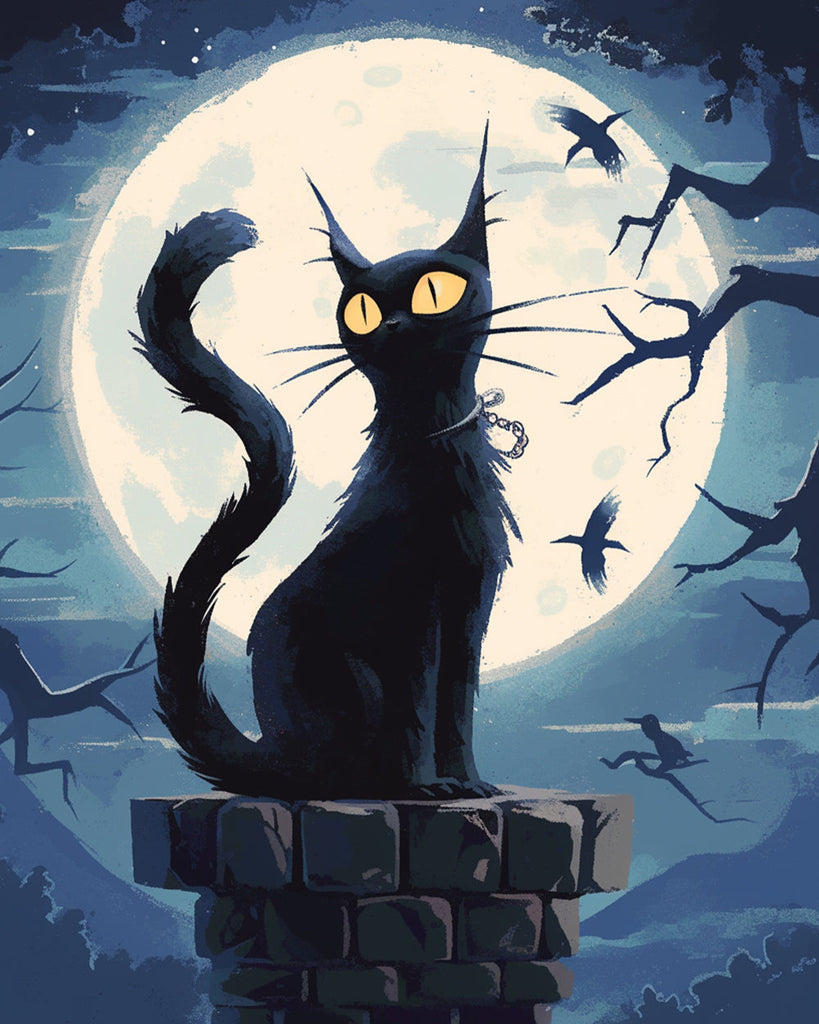 Chat noir et lune brillante Peinture par Numéros