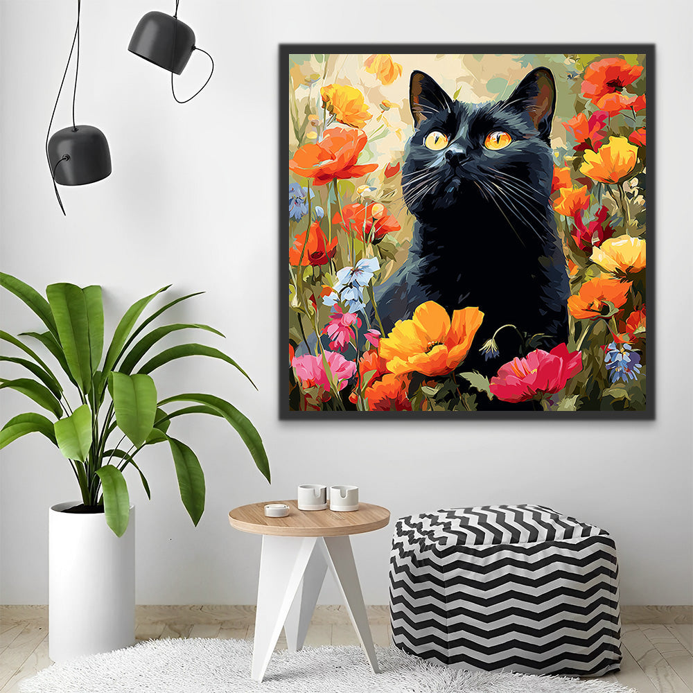 Chat Noir parmi les Coquelicots Peinture par Numéros