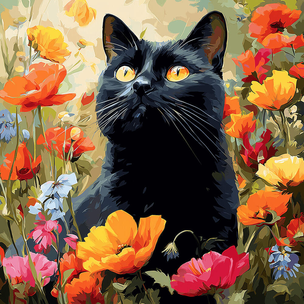 Chat Noir parmi les Coquelicots Peinture par Numéros