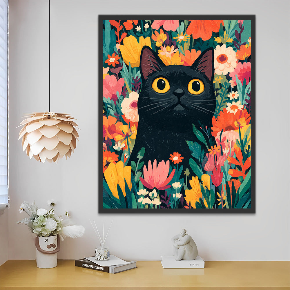Chat Noir parmi les Fleurs Peinture par Numéros