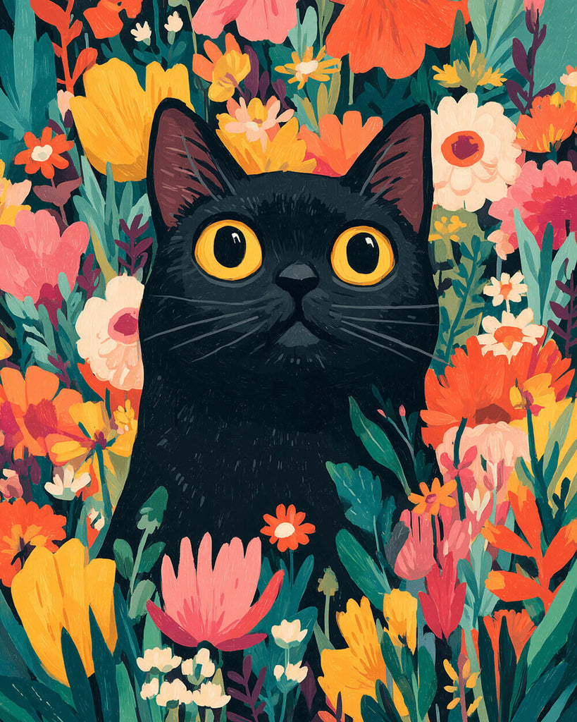 Chat Noir parmi les Fleurs Peinture par Numéros