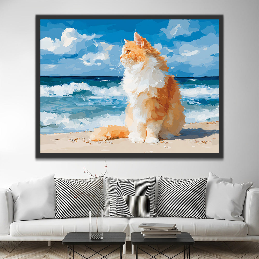 Chat Orange Assis sur la Plage au Bord de la Mer Peinture par Numéros