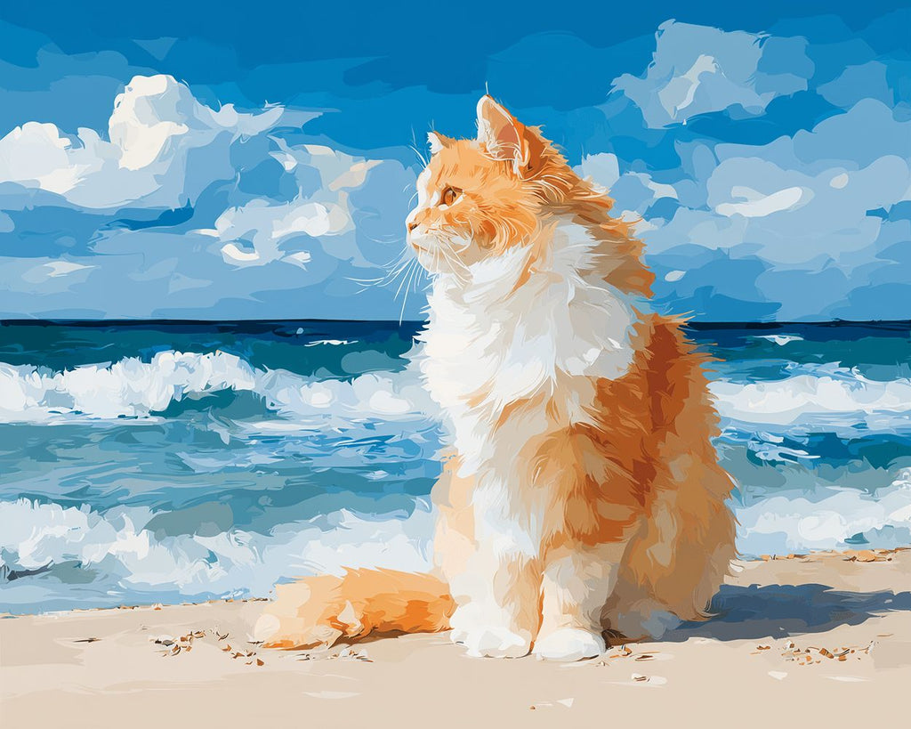 Chat Orange Assis sur la Plage au Bord de la Mer Peinture par Numéros