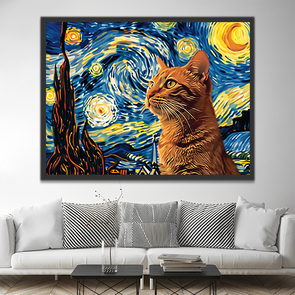 Chat Orange et Ciel Etoilé Peinture par Numéros