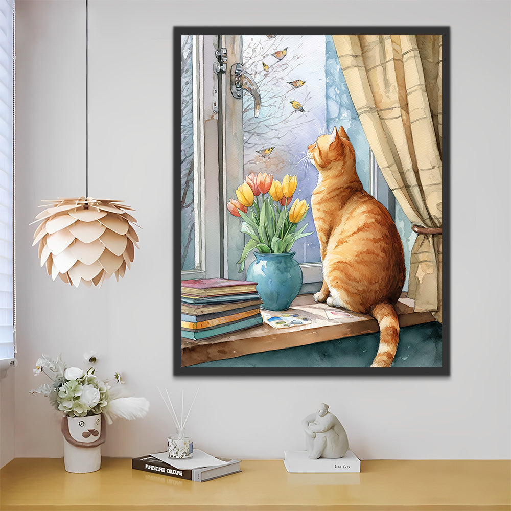 Chat Orange et Tulipes sur le Rebord de Fenêtre Peinture par Numéros