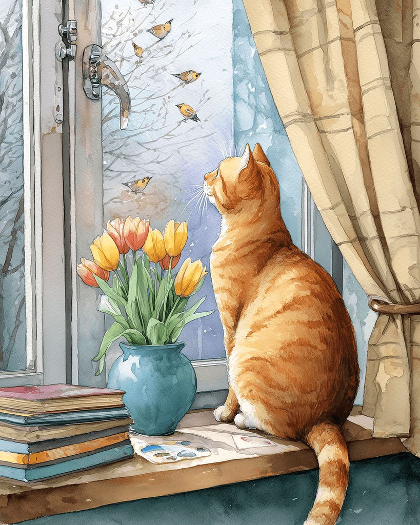 Chat Orange et Tulipes sur le Rebord de Fenêtre Peinture par Numéros