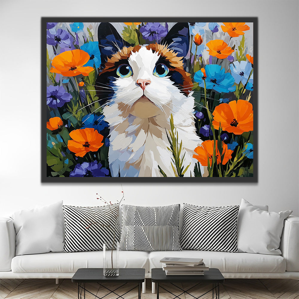 Chat parmi les Coquelicots Colorés Peinture par Numéros