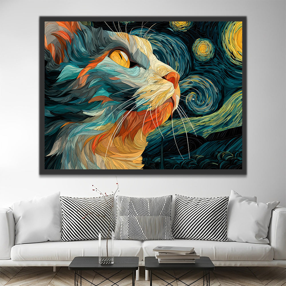 Chat Regardant la Nuit Étoilée Peinture par Numéros