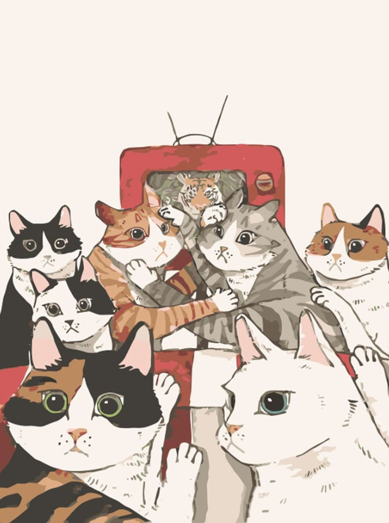 Chat Se Battant en Regardant la Télévision Peinture par Numéros