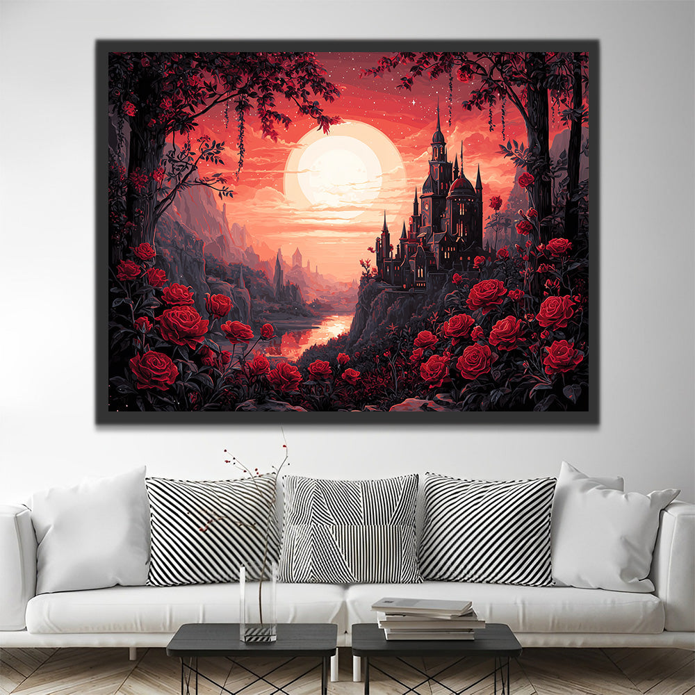 Château de Montagne Rempli de Roses Rouges Peinture par Numéros
