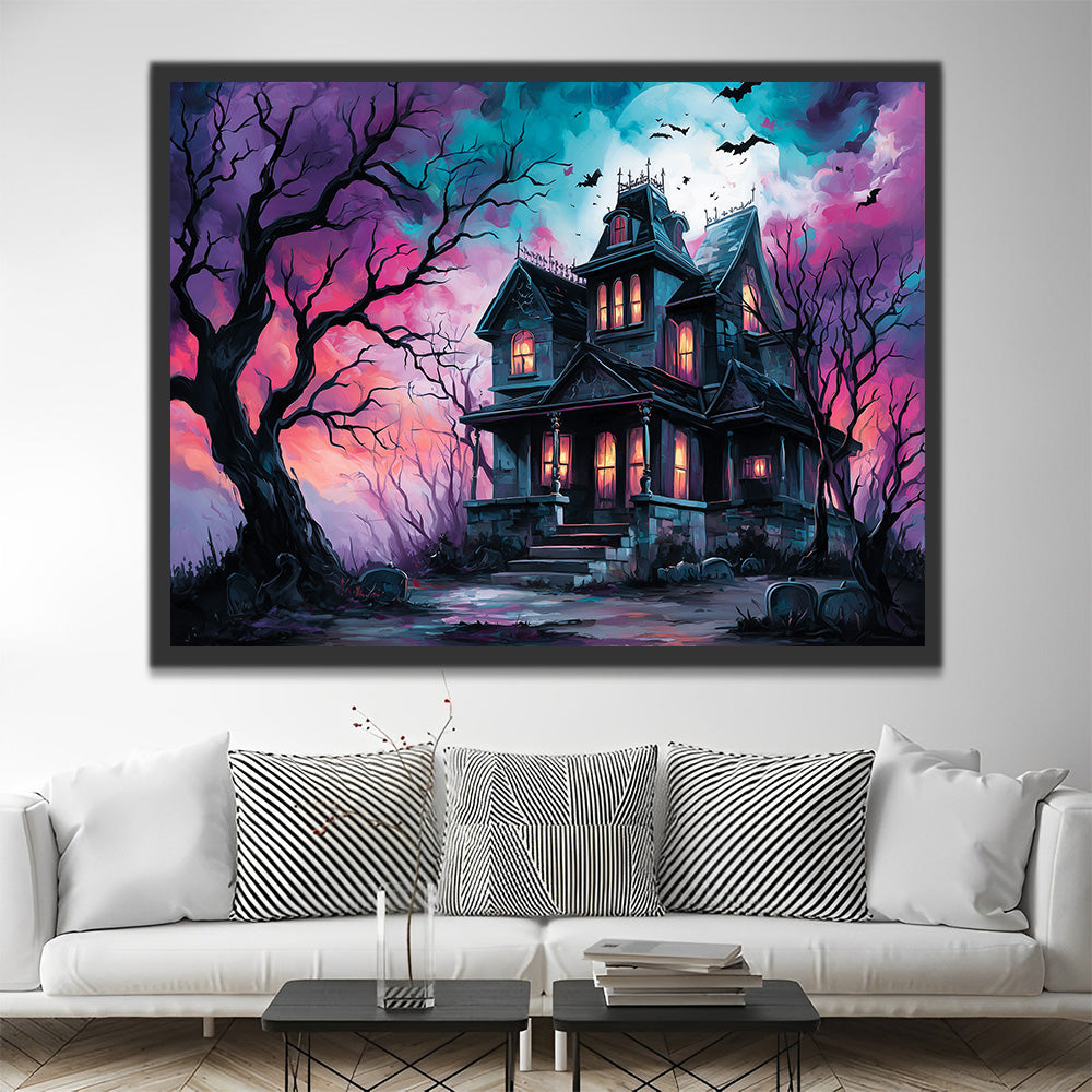 Château Sombre Entouré d’Arbres Morts et de Chauves-Souris Peinture par Numéros