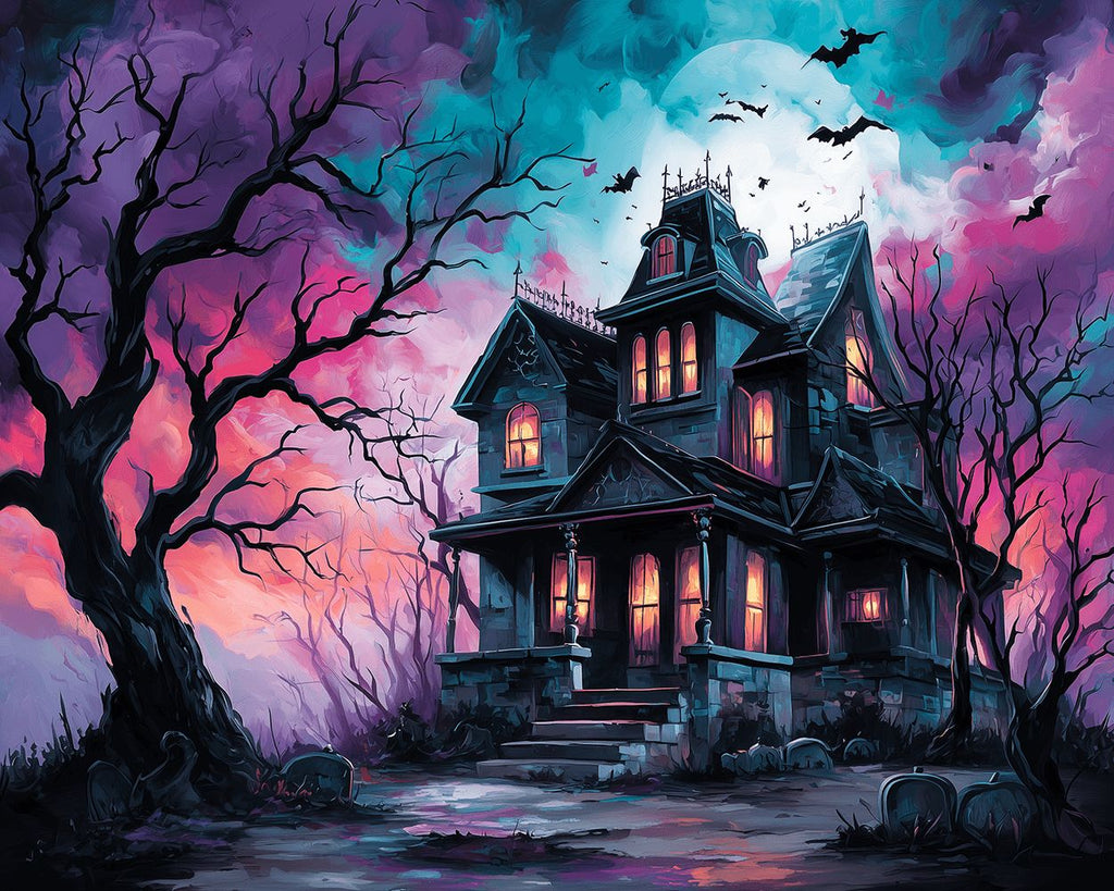 Château Sombre Entouré d’Arbres Morts et de Chauves-Souris Peinture par Numéros