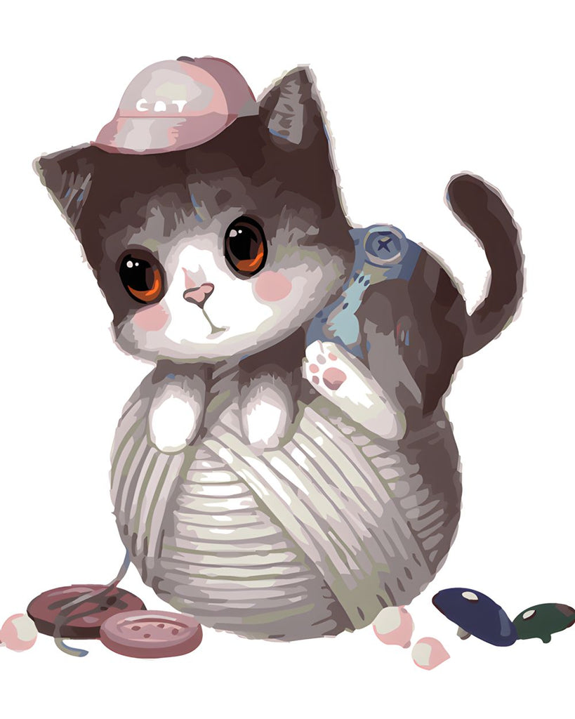 Chaton et Pelote de Laine Cartoon Peinture par Numéros