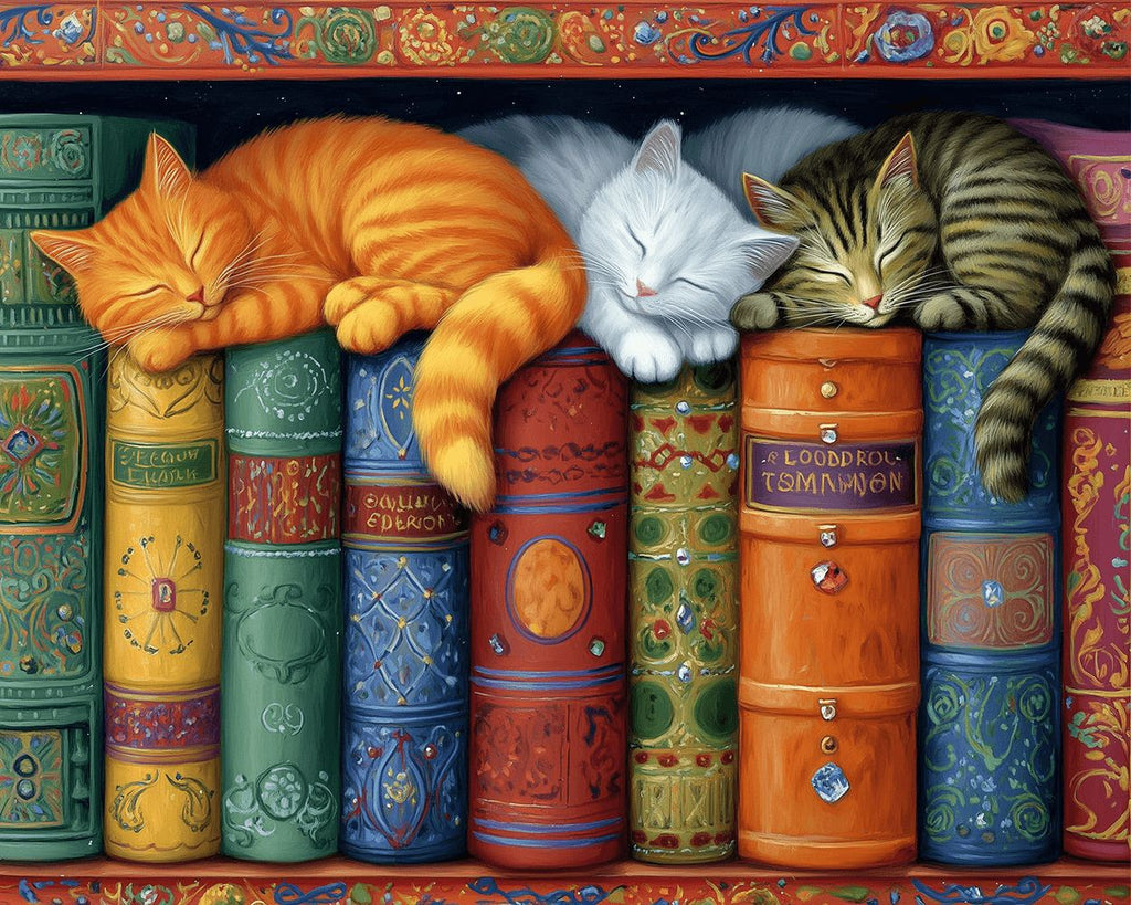 Chats Dormant sur l’Étagère à Livres Peinture par Numéros