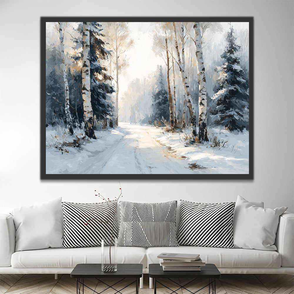 Chemin dans la Forêt Enneigée Peinture par Numéros