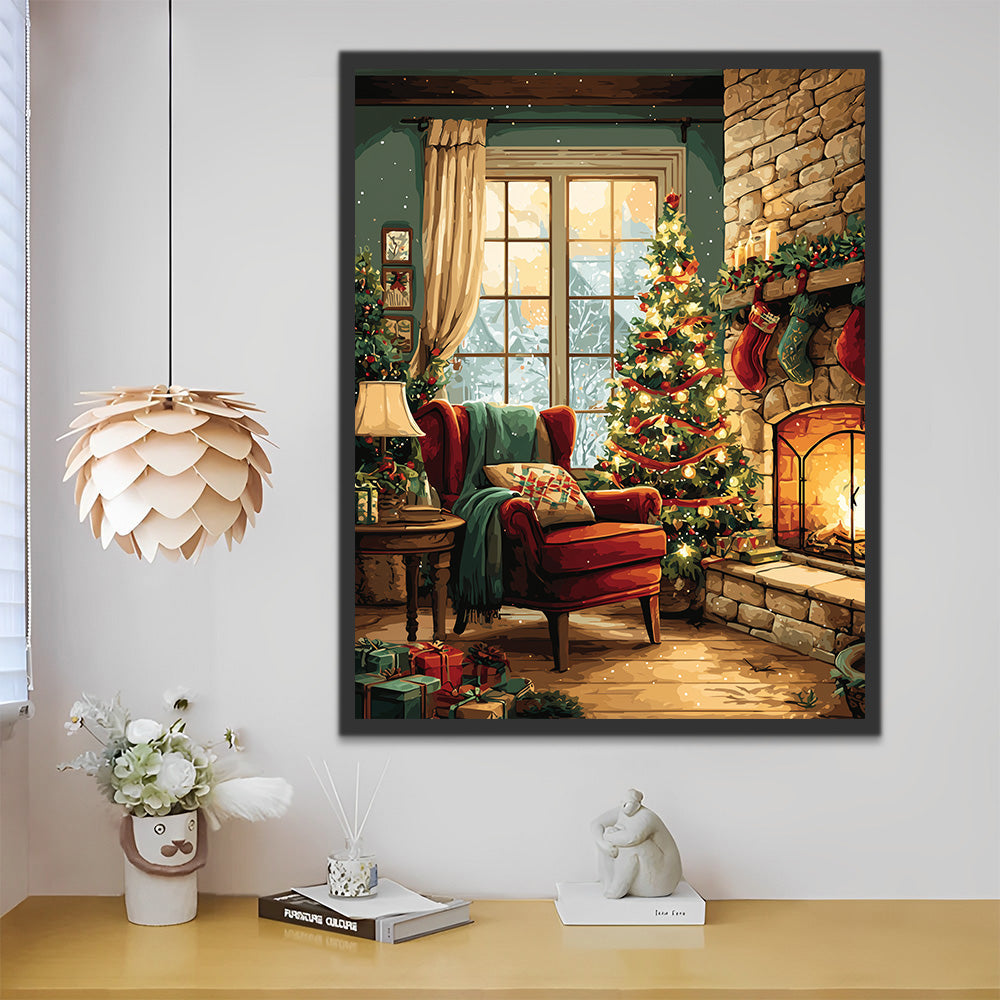 Cheminée à côté du Sapin de Noël Peinture par Numéros