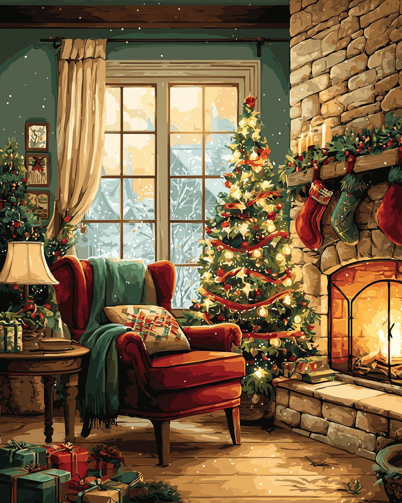 Cheminée à côté du Sapin de Noël Peinture par Numéros