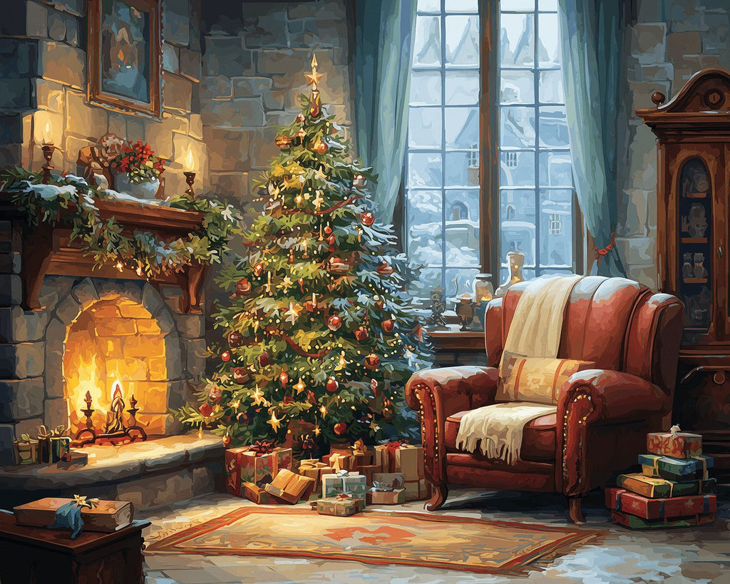 Cheminée Réconfortante et Sapin de Noël Peinture par Numéros