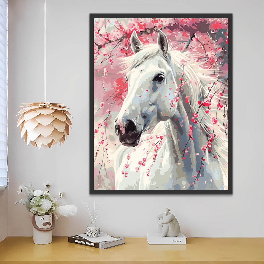 Cheval Blanc et Fleurs Peinture par Numéros