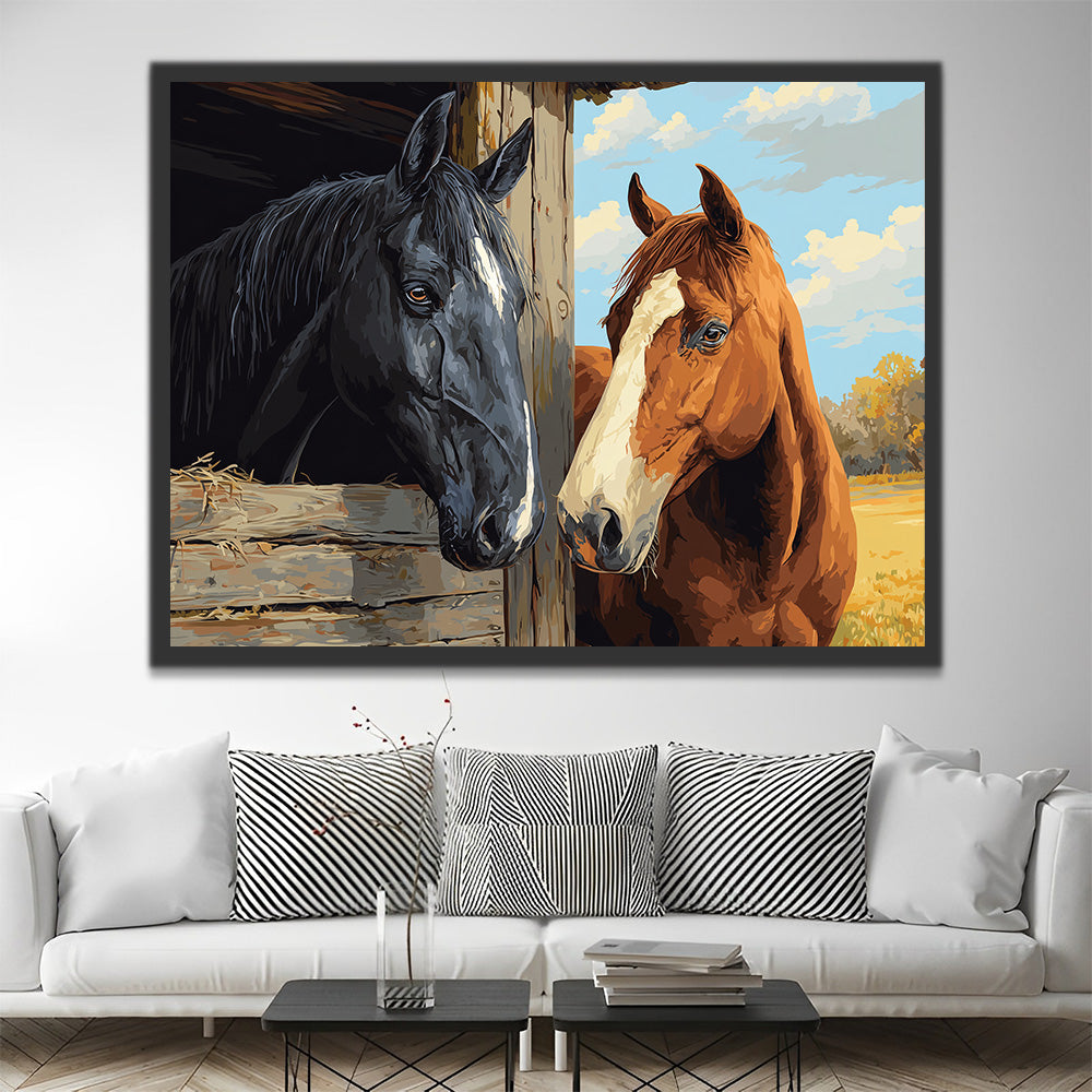 Chevaux Noirs et Bruns Peinture par Numéros