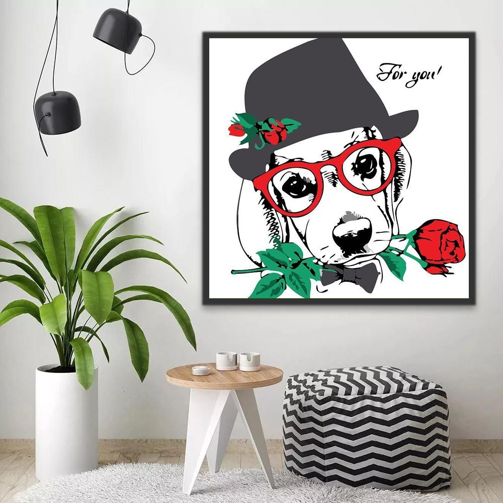 Chien avec une Rose Rouge dans la Bouche Peinture par Numéros