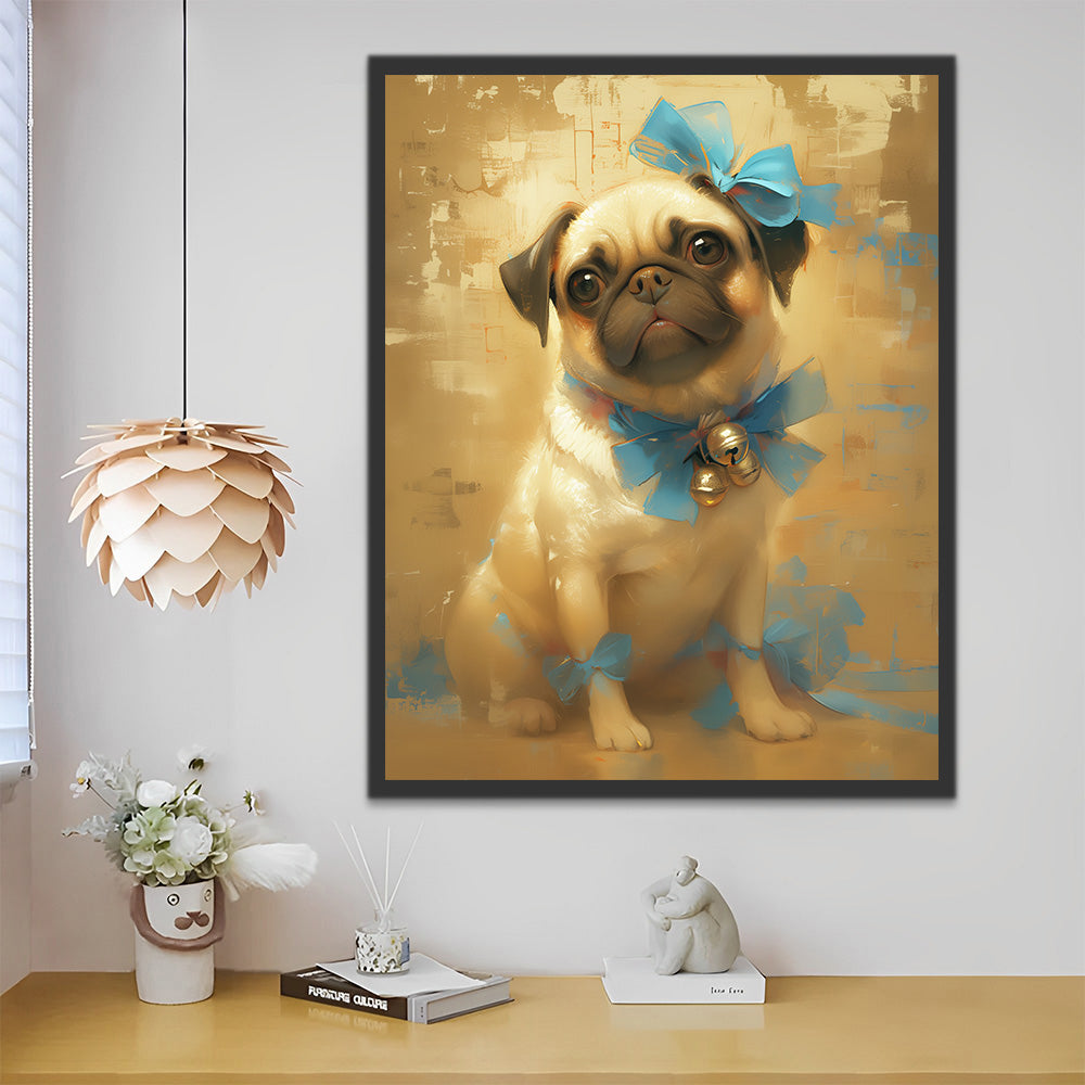 Chien Carlin avec Ruban Bleu Peinture par Numéros