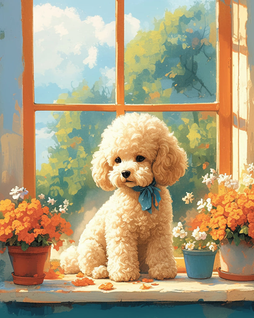 Chien en peluche près de la fenêtre Peinture par Numéros