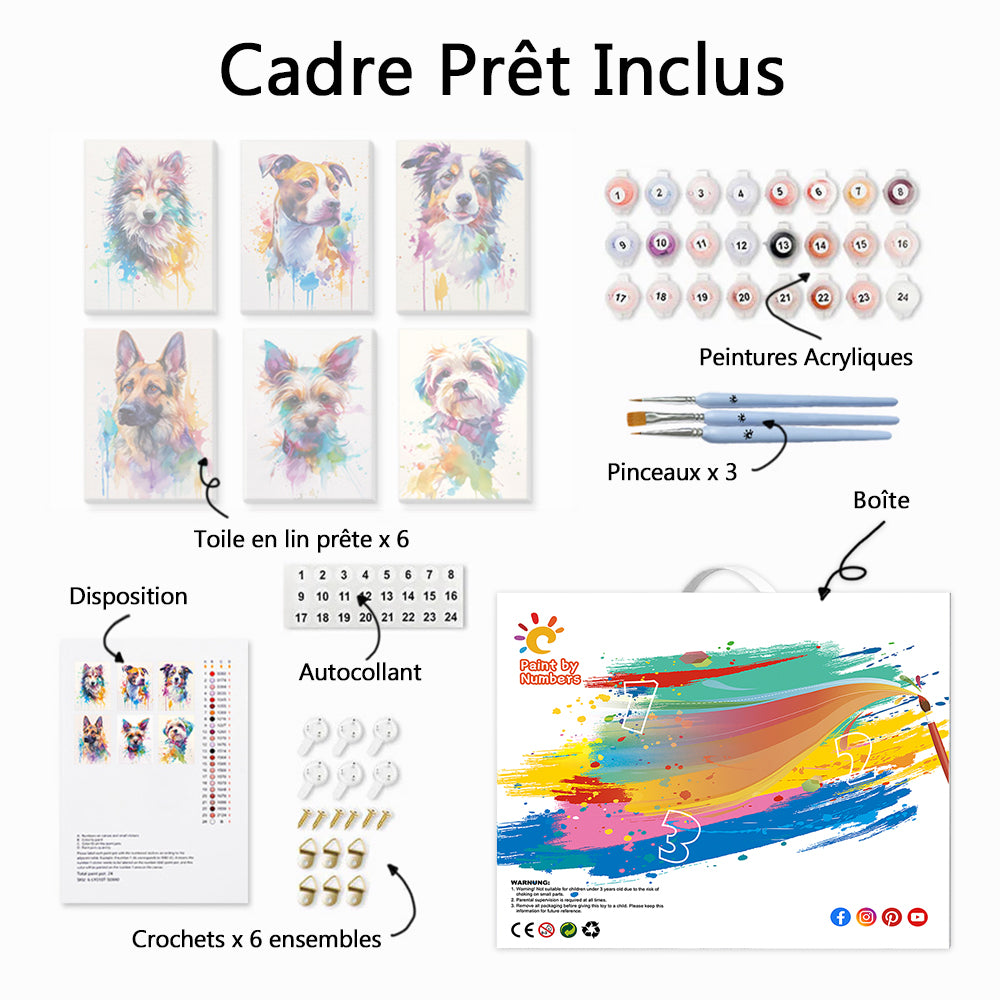 Chiens Colorés de Différentes Races 6 Mini Peintures par Numéros