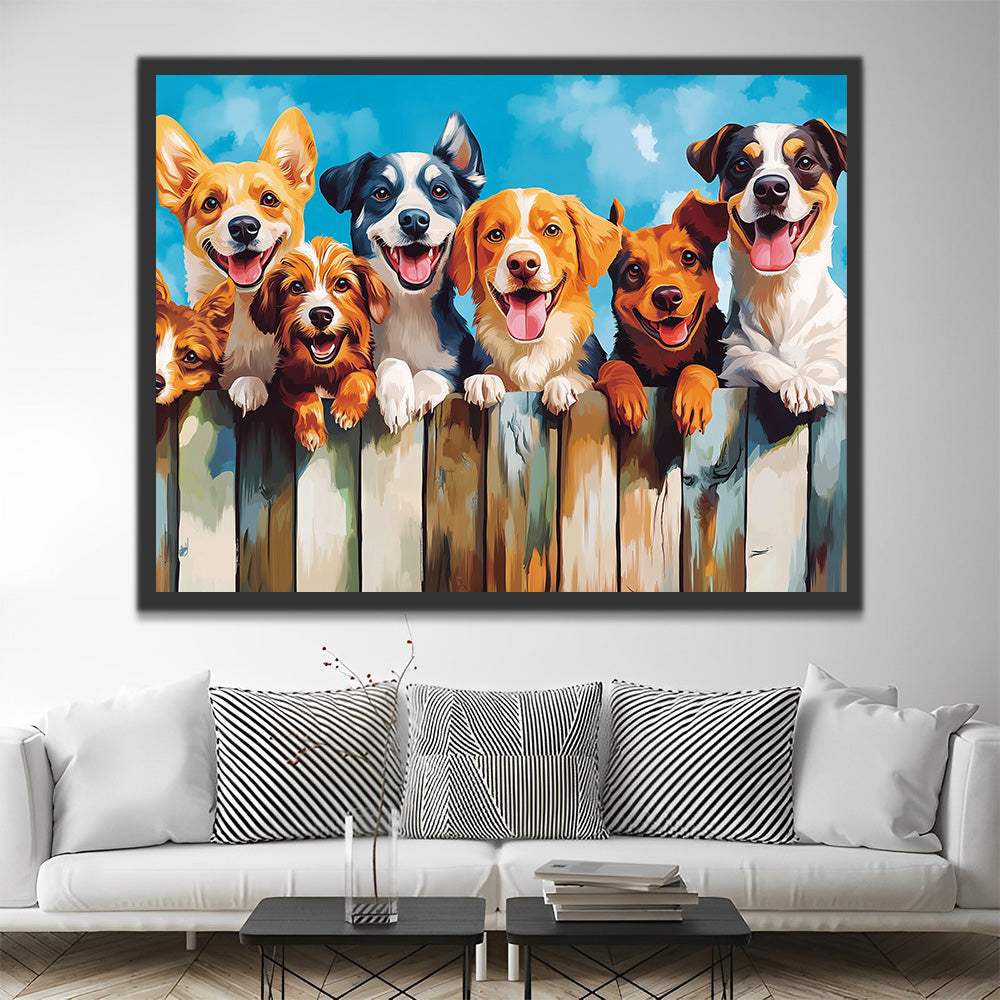 Chiens Heureux Debout près de la Clôture en Bois Peinture par Numéros
