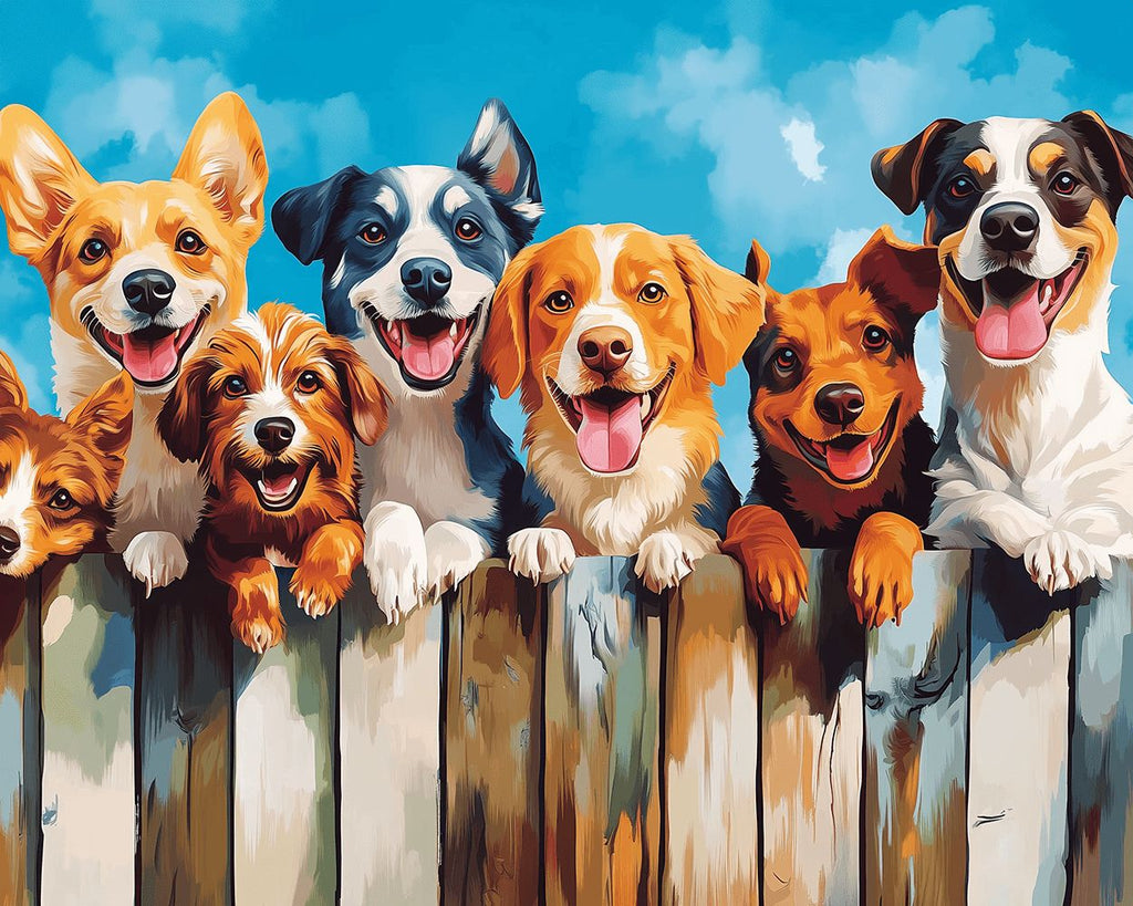 Chiens Heureux Debout près de la Clôture en Bois Peinture par Numéros