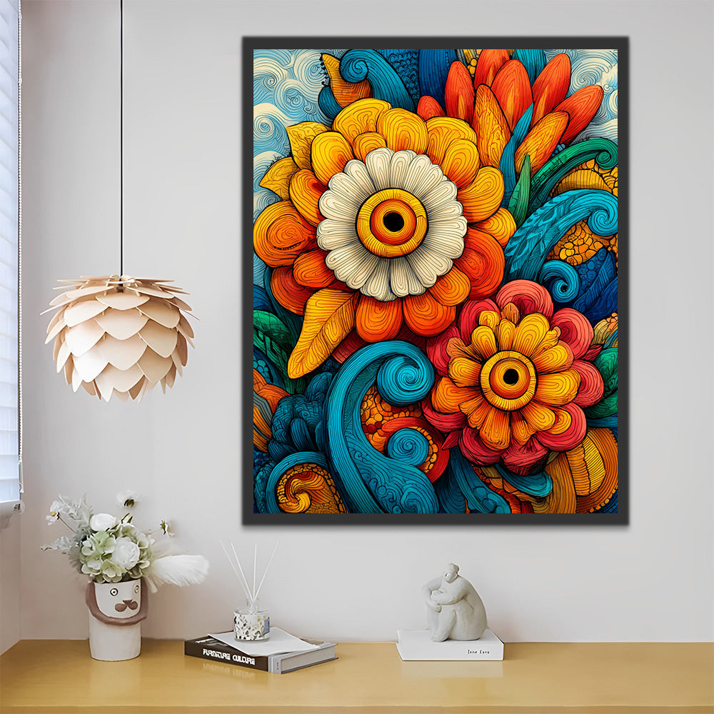 Chrysanthèmes Colorés Abstraits Tordus et Feuilles Peinture par Numéros