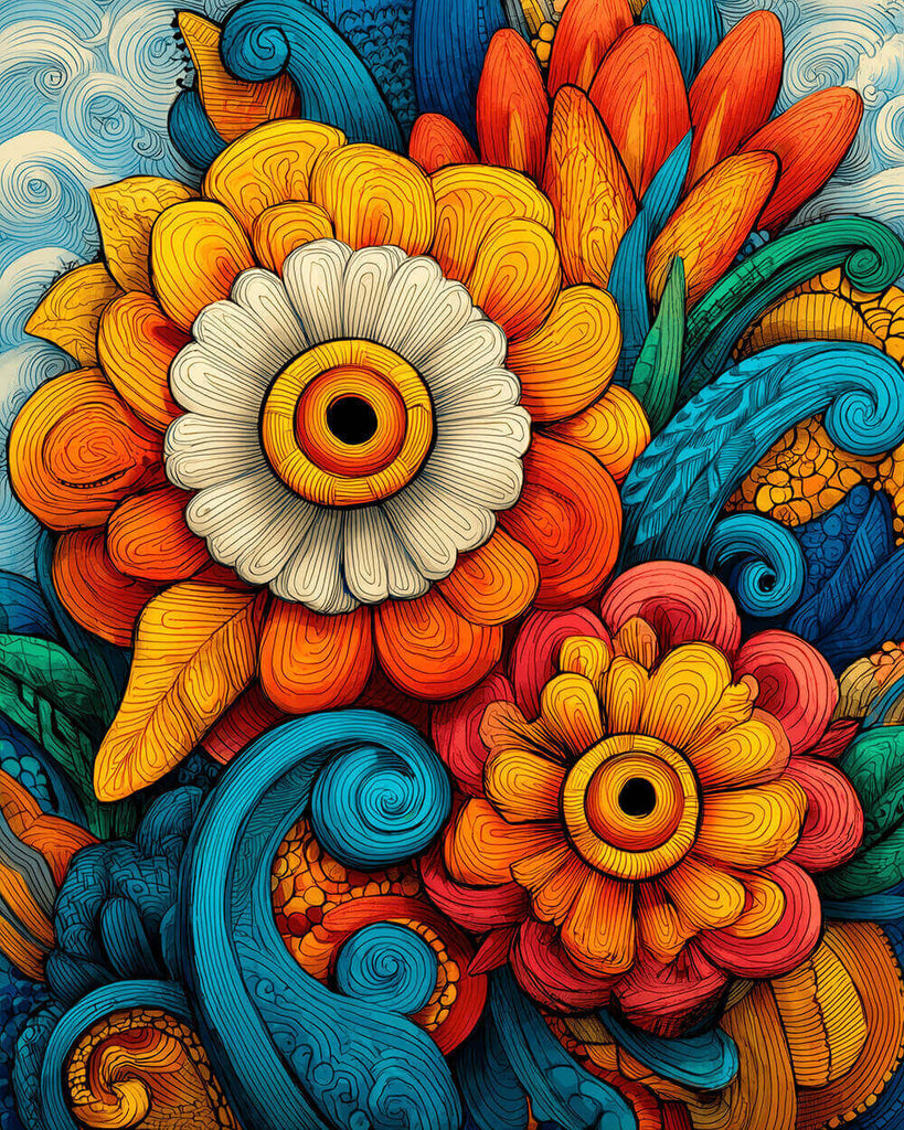 Chrysanthèmes Colorés Abstraits Tordus et Feuilles Peinture par Numéros
