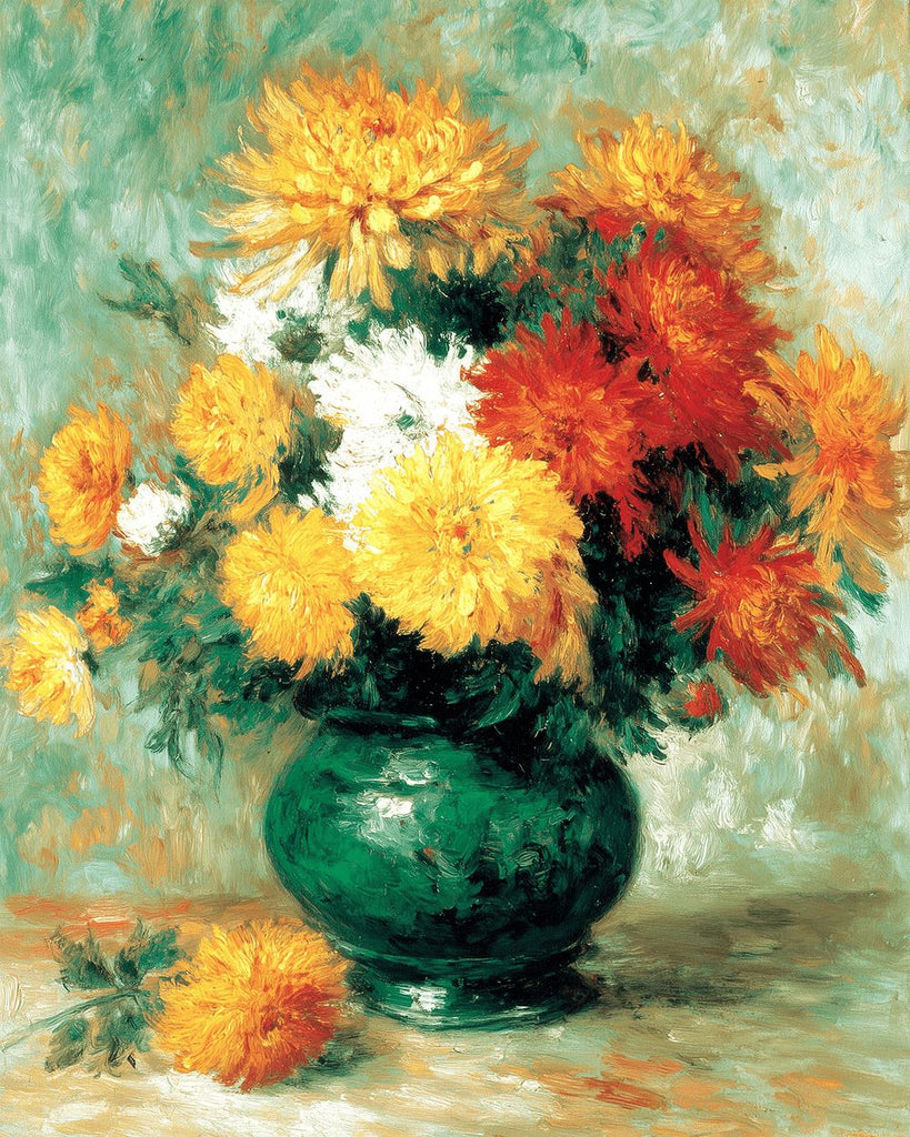 Chrysanthèmes Colorés en Pleine Floraison dans un Vase en Porcelaine Verte Peinture par Numéros