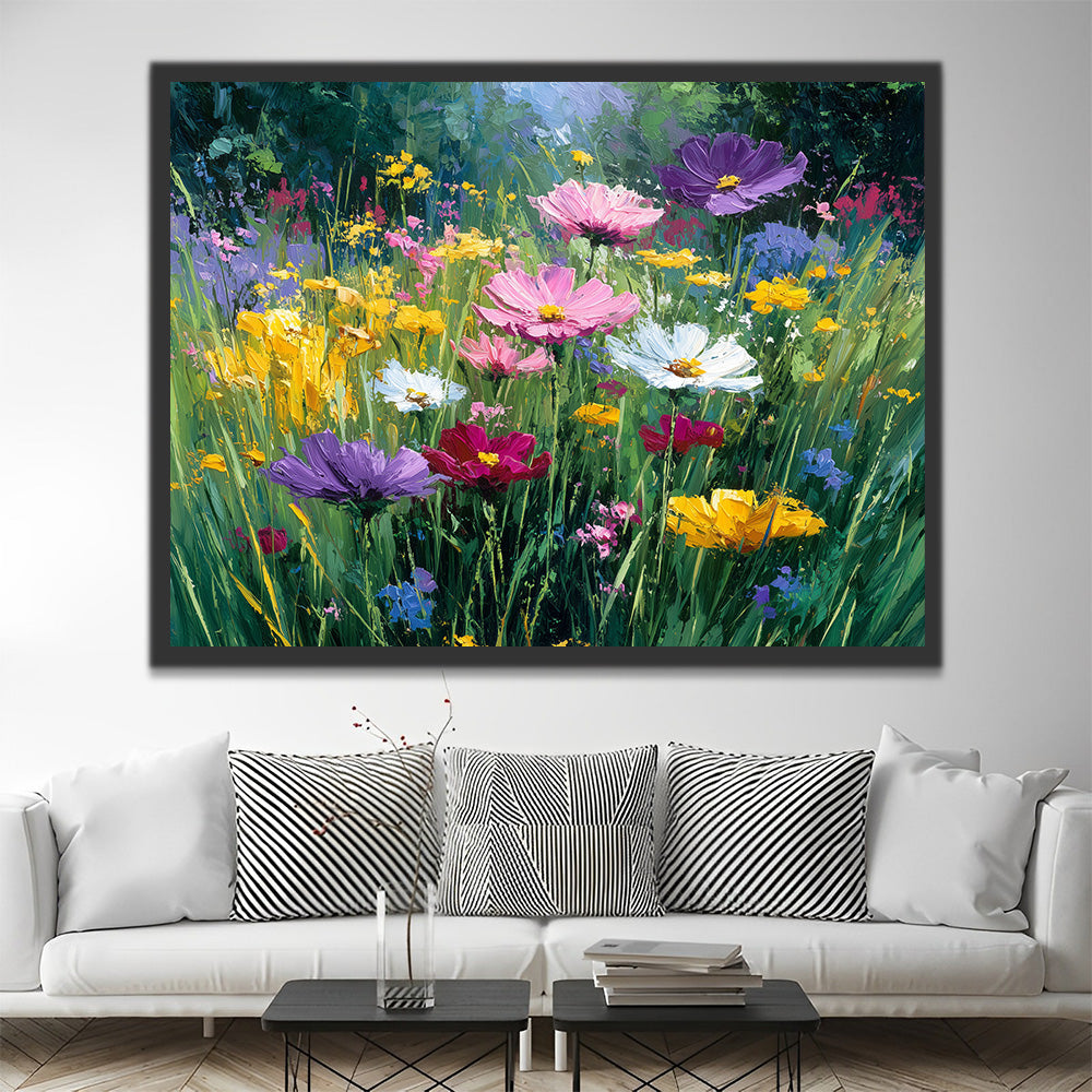 Chrysanthèmes Colorés parmi l’Herbe Sauvage Peinture par Numéros
