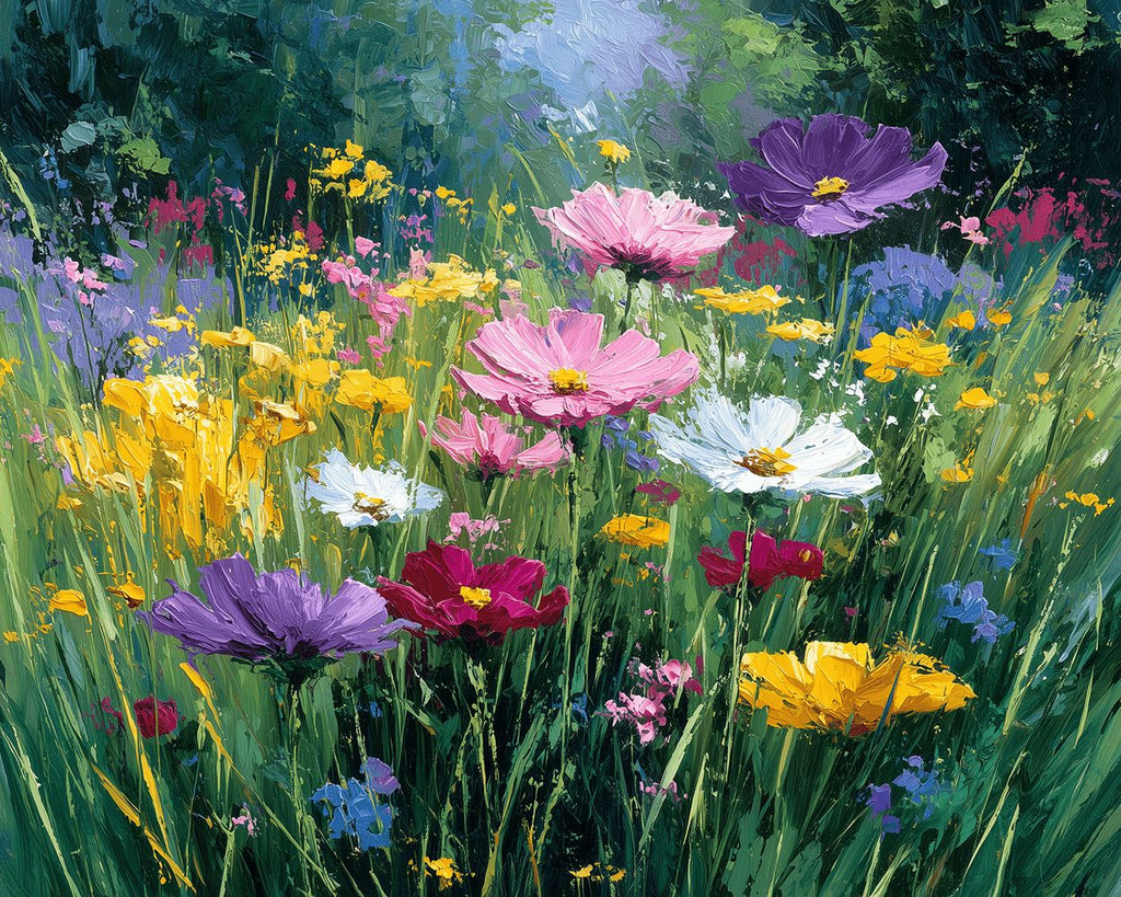 Chrysanthèmes Colorés parmi l’Herbe Sauvage Peinture par Numéros
