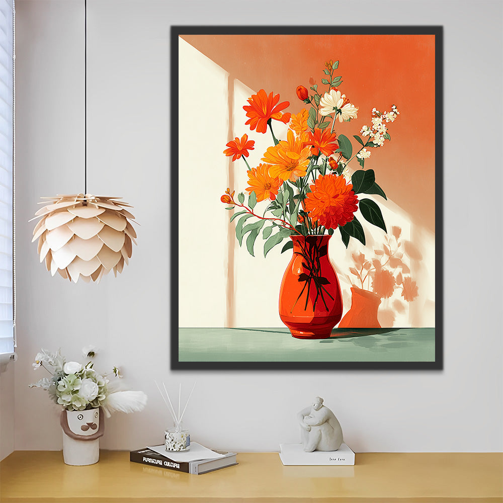 Chrysanthèmes Fleurissants dans un Vase Orange Peinture par Numéros