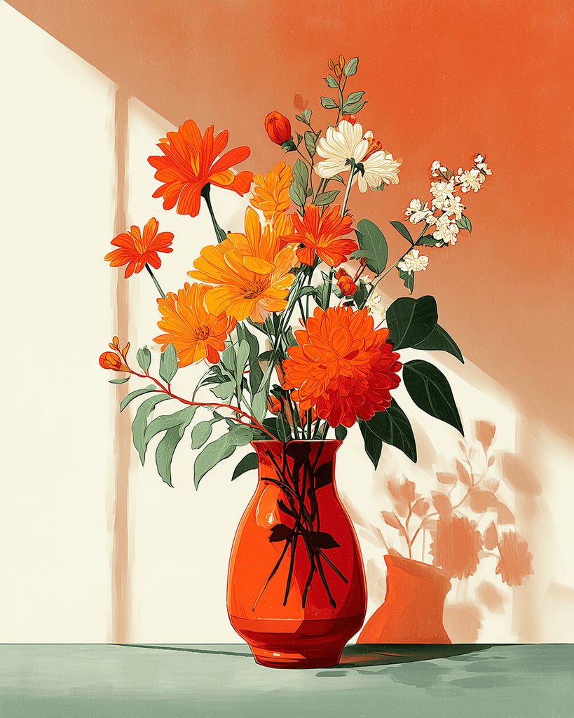 Chrysanthèmes Fleurissants dans un Vase Orange Peinture par Numéros