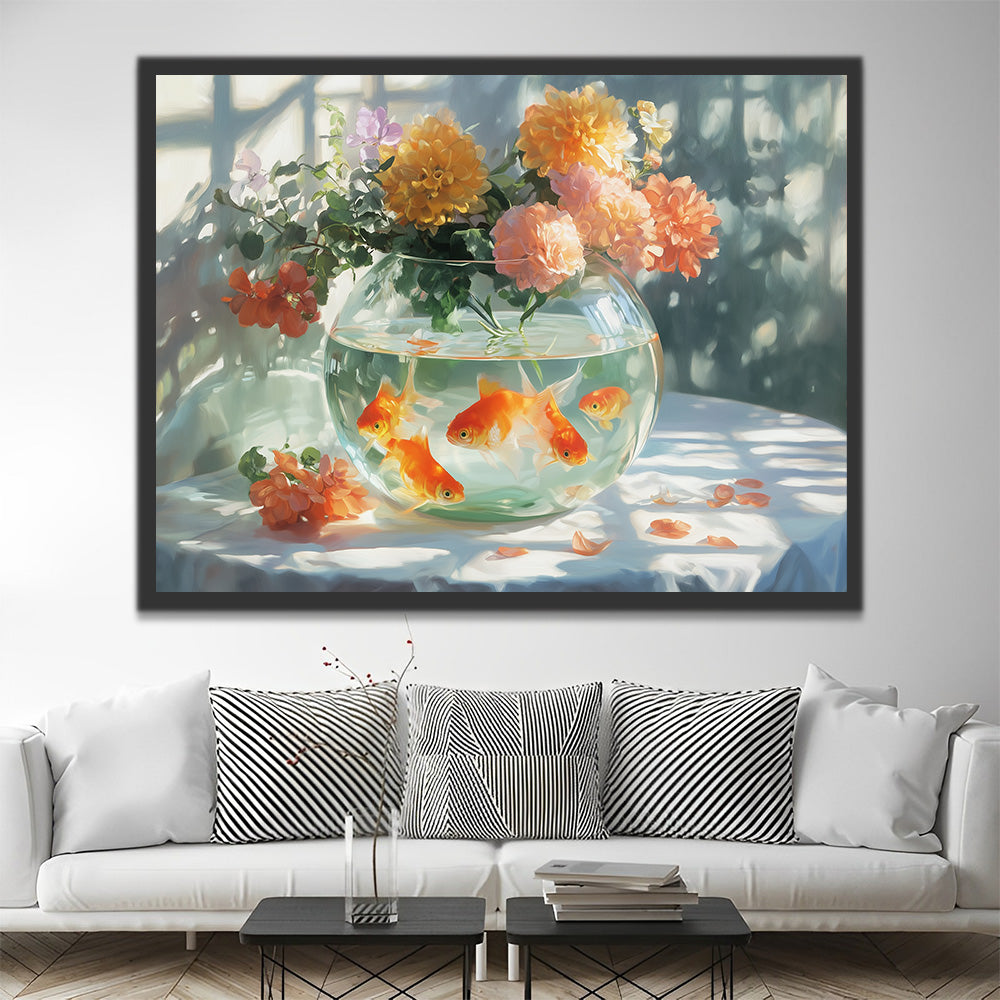Chrysanthèmes sur un Aquarium en Verre Peinture par Numéros