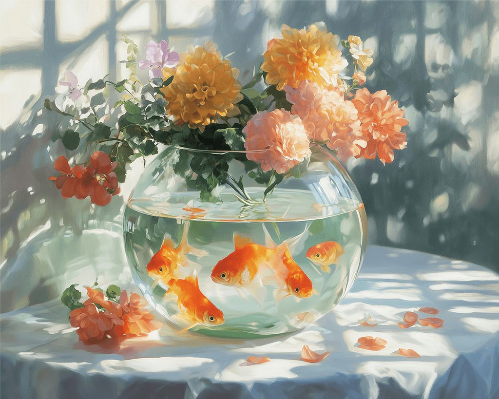 Chrysanthèmes sur un Aquarium en Verre Peinture par Numéros
