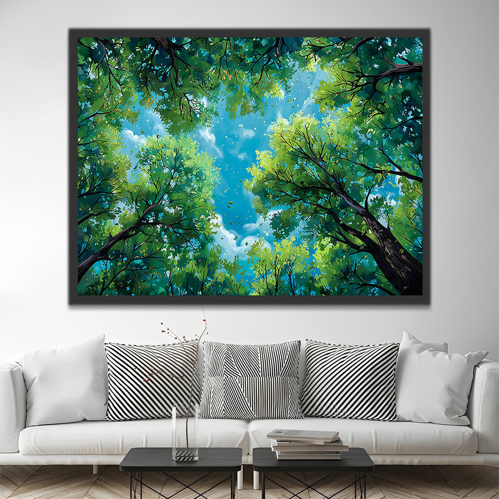 Cimes d'Arbres sous un Ciel Bleu Peinture par Numéros