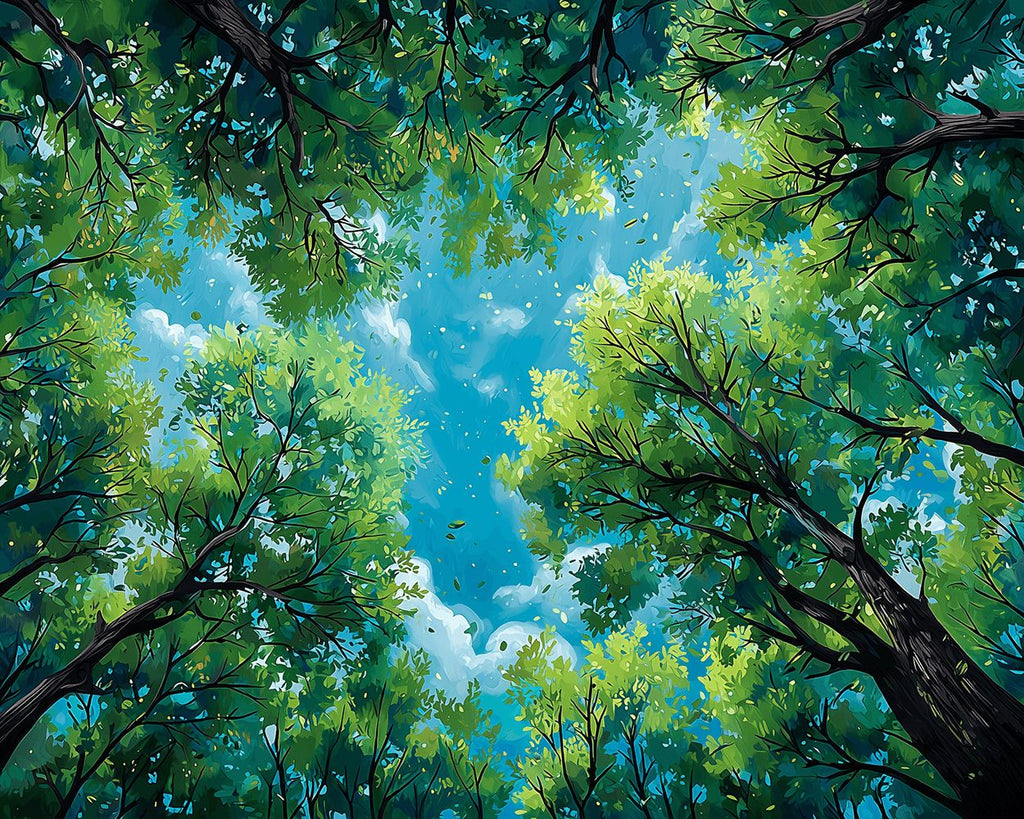 Cimes d'Arbres sous un Ciel Bleu Peinture par Numéros